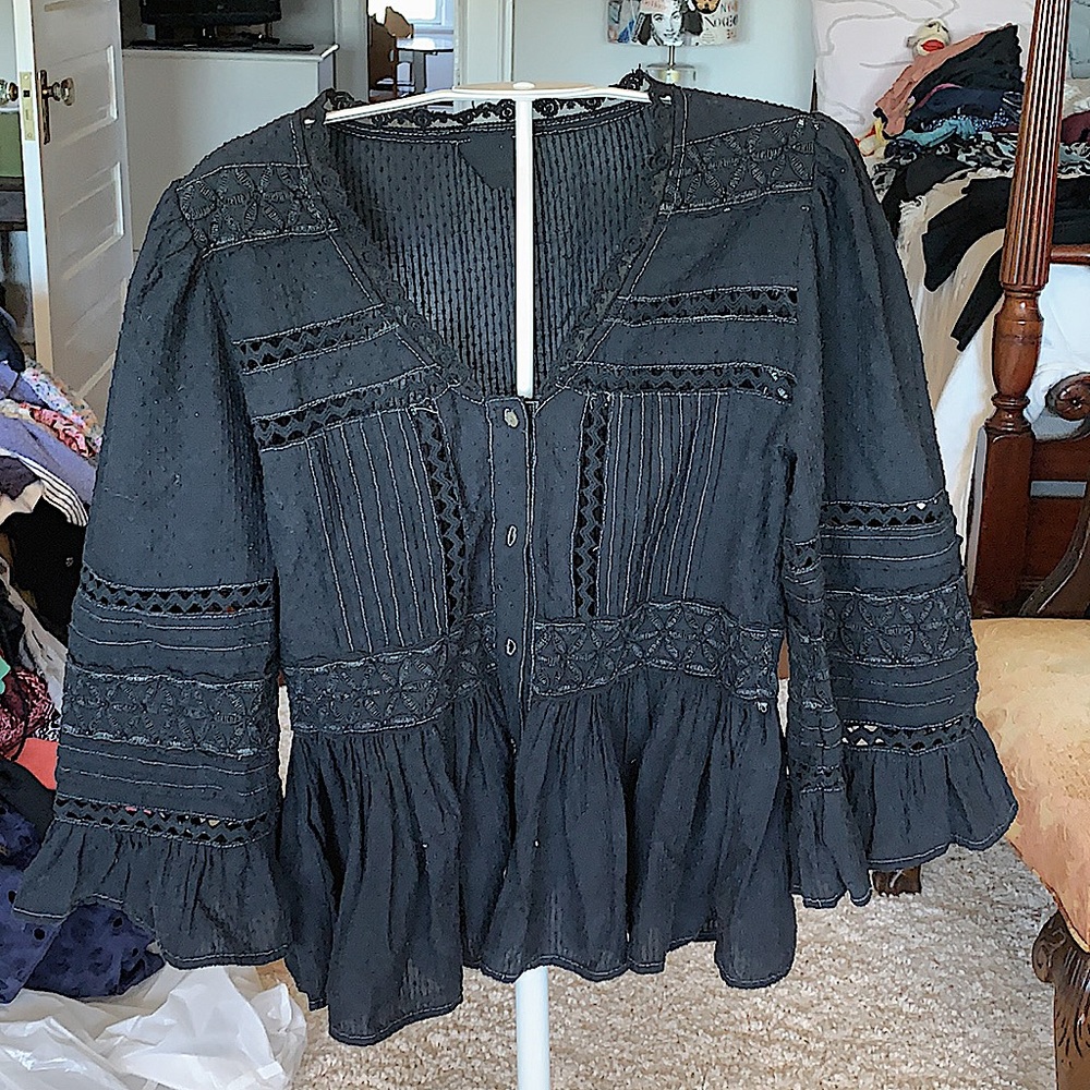 Anthropologie black‎ fitted bell sleeve top. NWOT